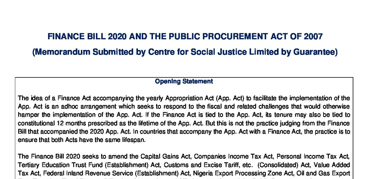 Finance bill Memorandum by CSJ