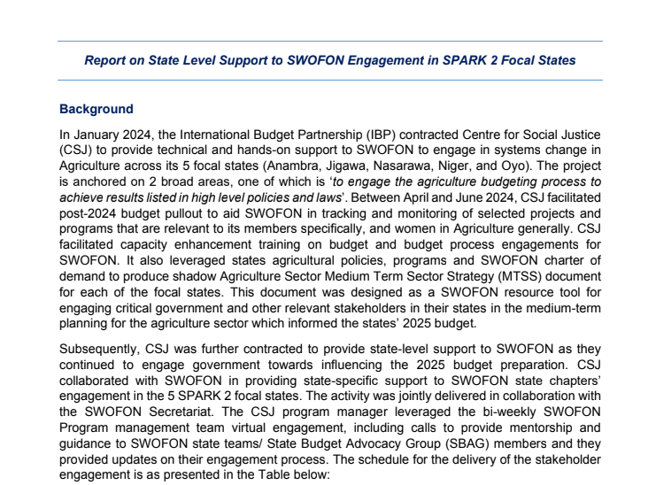 Report on SWOFON - Stakeholder Engagement in SPARK 2 Focal States